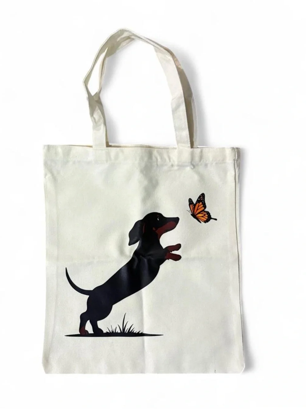 Blank Canvas Tote with Black Dachshund and Orange Butterfly Print